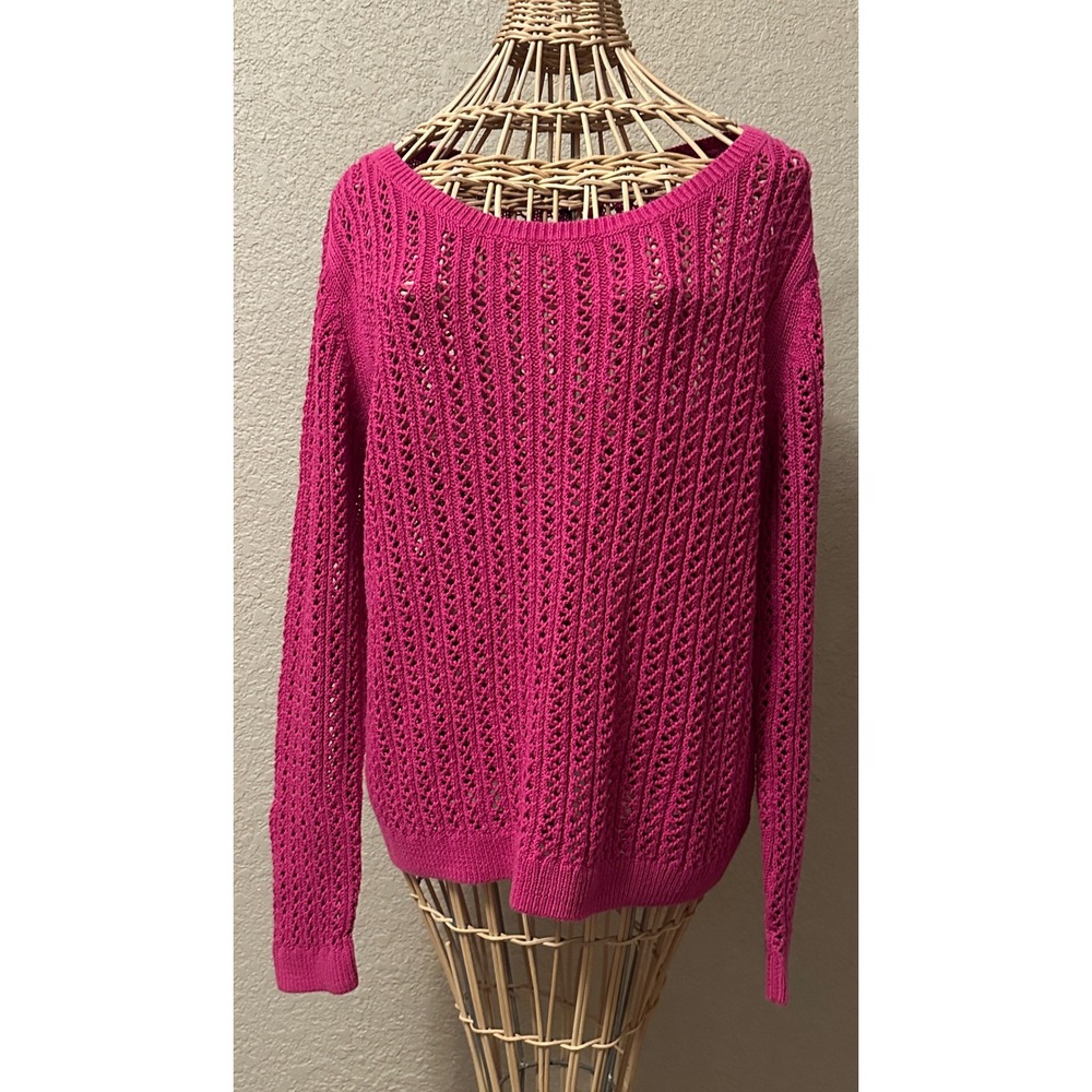 ana A New Approach Pink Open Knit Sweater XL Crochet Pointelle Pullover